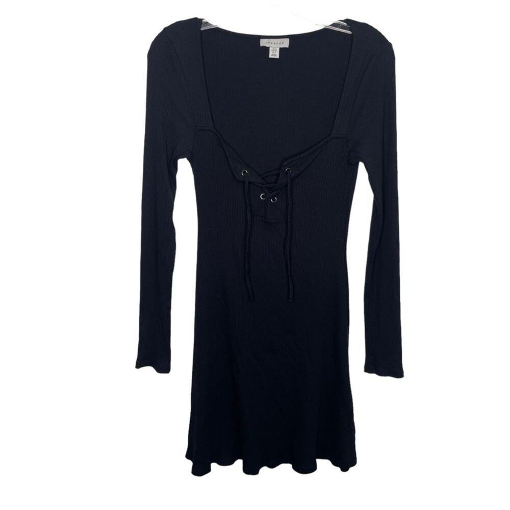 Topshop Black Ribbed Lace Up Long Sleeve Mini Dress Size US 8 10J17TBLK